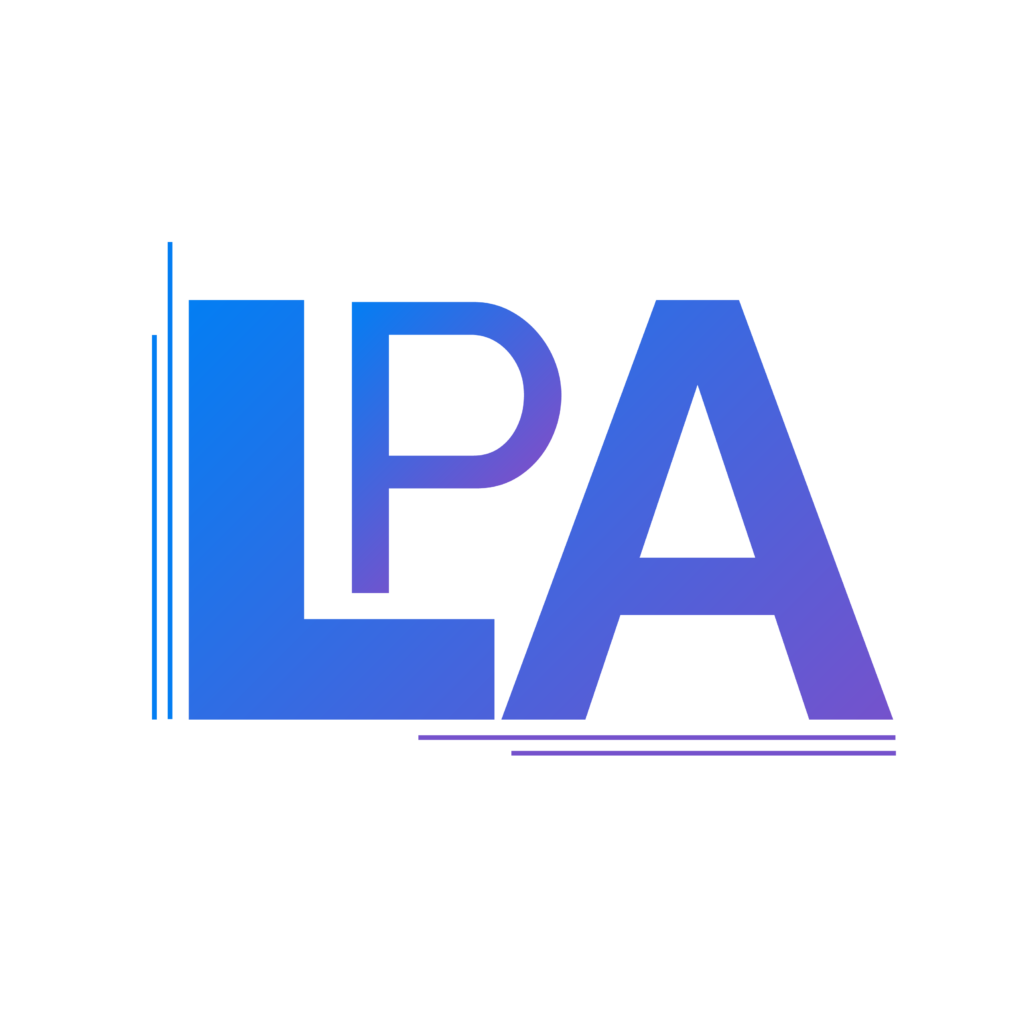 Logo do liderança pelo amanhã abreviada como LPA em azul e roxo